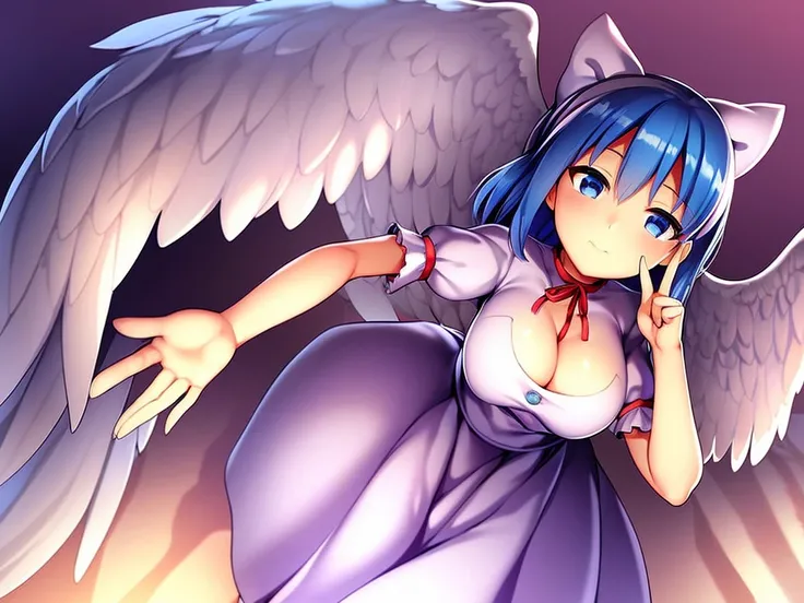 masterpiece, best quality, 1girl, , , 10 years old, medium blue hair, hair flaps, pink ribbon on head, well-formed face, blue eyes, angel girl, white blouse, puffy short sleeves, red ribbon, angel wings, long white skirt, red shoes, frills, ribbon head, fr...