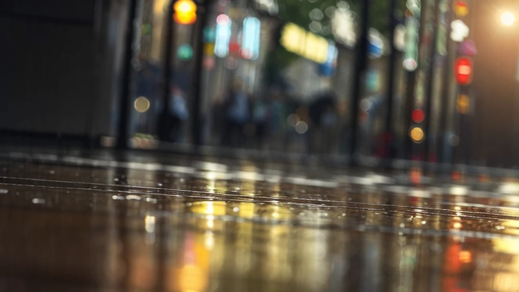 tokyo sidewalk at morning after rain with wet streets, bokeh, focus on ground, make it like garden of words style, warm tone, no human, no people on it, (((very low angle))), (((detailed background))) sun light