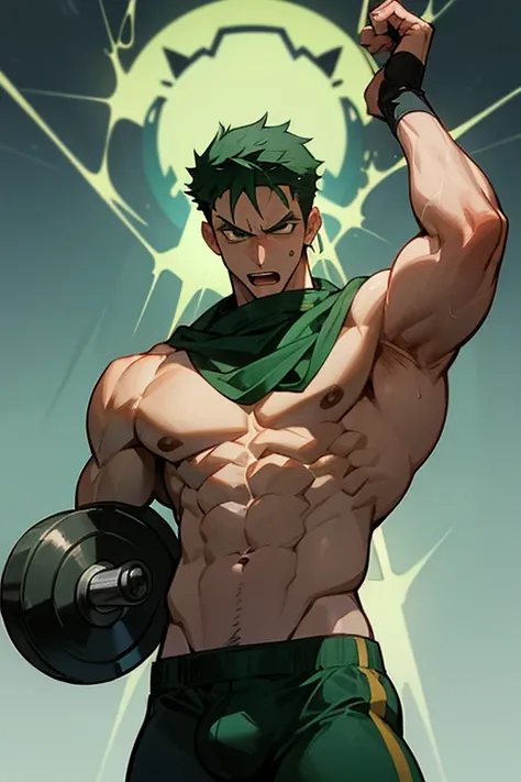 Roronoa Zoro from One Piece hypnotized to lift dumbbells in a gym. Bodybuilder whispers hypnotic triggers in his ear. Hypnosis. Sweaty. Dumb jock. Musclehead. Meathead. Bro. Brainwashing. Brainwashed. Brain to brawn. Hyper biceps. Hyper triceps. Hyper trap...