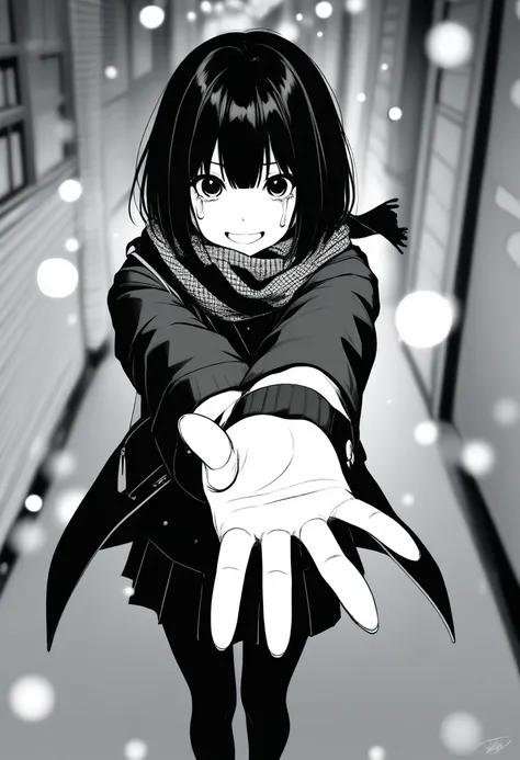 masterpiece, best quality, 1girl, oekakizuki, grayscale, manga style, japanese, chi no wadachi, black eyes, street, iced, black hair, schoolbag, smile, lineart, black coat, black scarf, black pleated skirt, leggins, centered, 18 years old, tall, fair skinn...