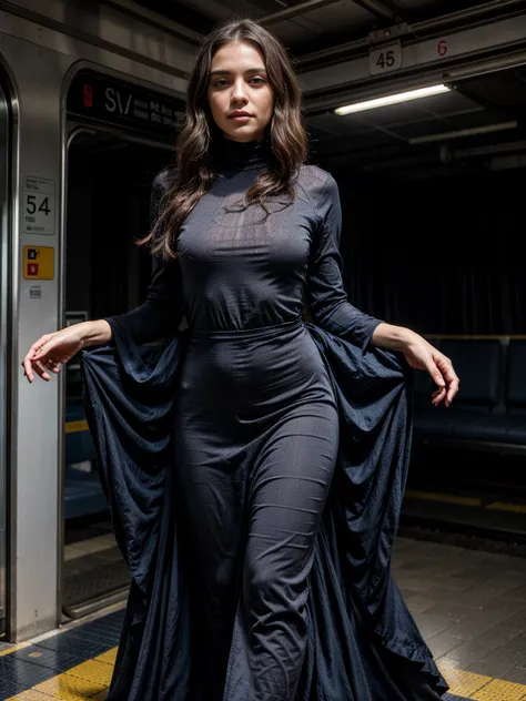 The image is a full-length portrait of a woman in a flowing blue dress. The dress features a high neck and long sleeves, with a large cutout on the back, and the fabric cascades down into a dramatic, floor-length train. The garment is crafted with waves an...