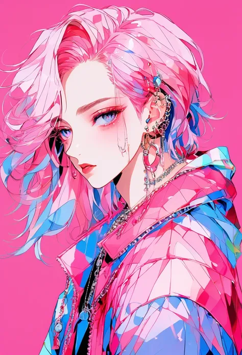 Upper body portrait, To the audience, Rainbow Style, (1 boy), (Smallest), (alone), Masculine traits, good looking, Long white hair, View your viewers, Blue Eyes Background, White background, gem, Jacket, Pink Hair, ear nipple ring, Pink Eyes, Choker Neckla...