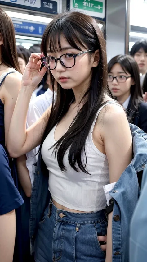 Japan人.Japan.girl.10th Generation.Primary school students.Crowded train.summer.Sweaty.Armpit sweat.Small breasts.Wear glasses.Long Hair.Only female passengers