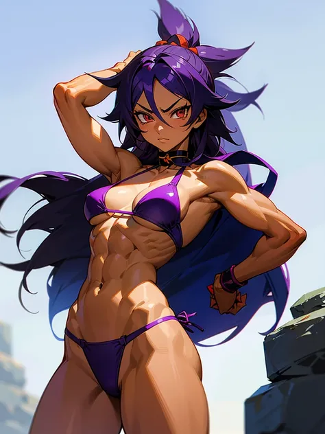 18 year old Yoruichi Shihōin from Bleach with tanned skin in a purple thong bikini flexing her muscles with her hands behind her head so they are not visible to pridefully show off her rock hard abs, highly detailed 