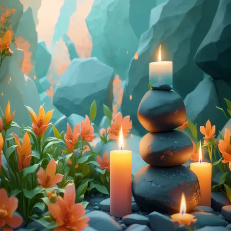 Two candles placed on a pile of rocks, Peaceful atmosphere, relax atmosphere, relax mood, relax environment, Zen Nature Background, relax calm vibes, Peaceful environment, Peaceful atmosphere, relax, Zen feeling, Calm evening atmosphere, Quiet environment,...