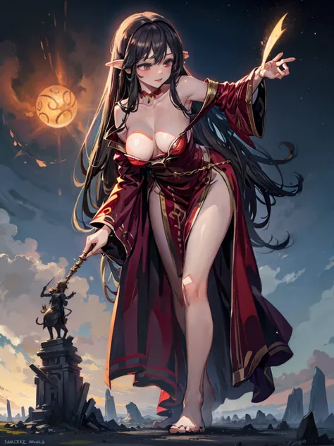 Aradia, a colossal 57 meter sorceress, emerges from a stone circle at dawn, Her snow-white skin glowing in the light of the rising sun. Her long black hair falls in messy strands over her shoulders.. completely naked, standing in a mystical glade, her post...