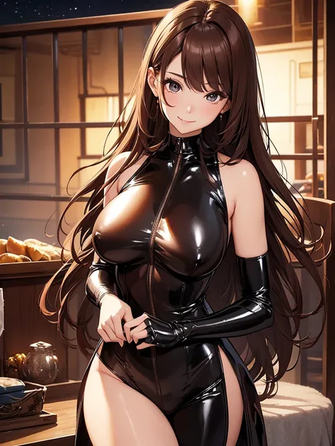 Beautiful Woman Height 170cm、Bust 100
　Beautiful bodystocking  latex  underwear,
　Light　黒Brown Hair　A friendly smile　　magic Masterpiece Night　Magic sexy, extremely beautiful 22歳　Big Breasts Beautiful Eyeagical gentle lighting    cowboy shot  ,prison