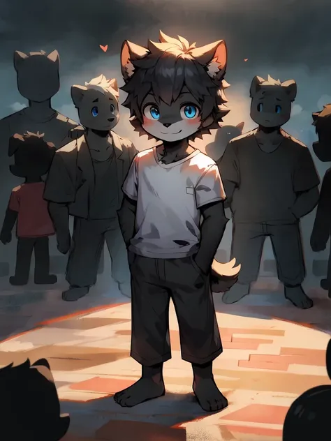 hairy，Dog Boy，Black fur，blue eyes，Single tail，short detailed hair, Suit, male, short, Smile, Eyes half closed,Q version， Handsome，Masterpiece， high resolution，8K，（（（solo））），(T-Shirt，barefoot：0.6)，Looking at the audience，Viewing angle，Handsome的表情,