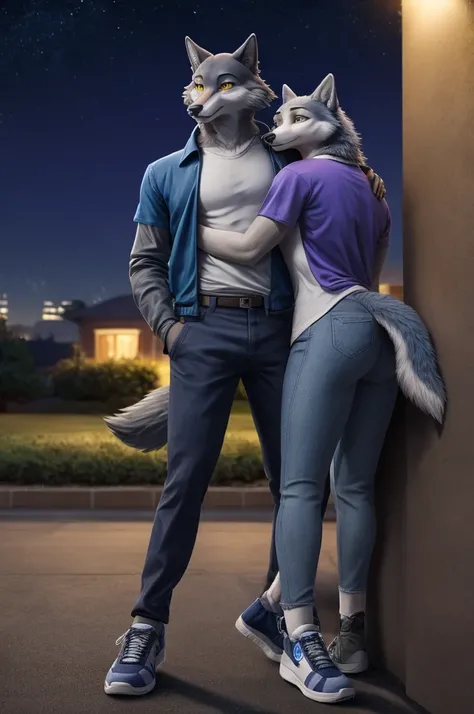 Porsha is a tall Arctic-gray wolf with yellow eyes and bluish-grey and white fur. She wears purple sunglasses, a dark blue jacket with multicolored accents, yellow trousers, grey and white sneakers, and a blue vintage t-shirt. She hugs a human, anthro wolf...