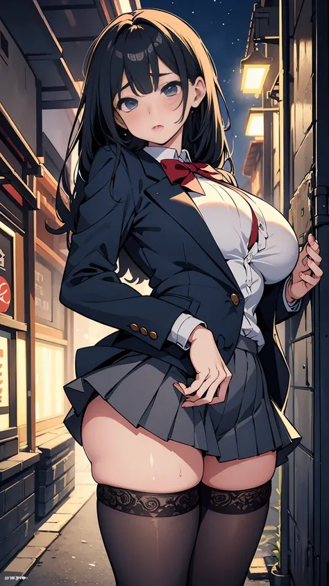 high school girl、Browsing Caution, 1boy and 1girl, In underwear、Back alley at night、teenager、Blazer uniform、Beautiful woman、Very thick thighs、Very short skirt、Lifting her skirt to show her panties、Acme Face、Seducing the audience、Best image quality、High res...