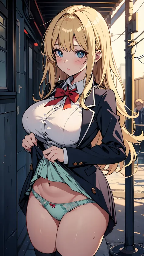 high school girl、Browsing Caution, 1boy and 1girl, In underwear、Back alley at night、teenager、Blazer uniform、Beautiful woman、Very thick thighs、Very short skirt、Lifting her skirt to show her panties、Acme Face、Seducing the audience、Best image quality、High res...