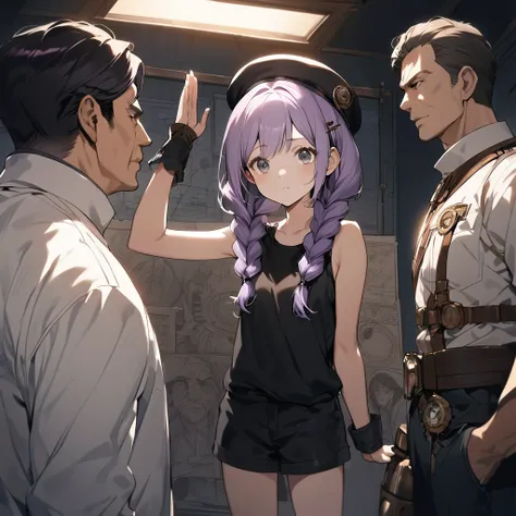  (a girl and a man:1.5), (a girl with closs hair pin,pale purple hair,wavy two braids,bluntbangs hair,green and black eyes a black tank top and shorts,:1.4), anime visual, (tilt head:1.3), extremely delicate face, soft clean focus, realistic lighting and s...