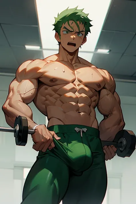 Roronoa Zoro from One Piece hypnotized to lift dumbbells in a gym. Bodybuilder whispers hypnotic triggers in his ear. Hypnosis. Sweaty. Dumb jock. Musclehead. Meathead. Bro. Brainwashing. Brainwashed. Brain to brawn. Hyper biceps. Hyper triceps. Hyper trap...