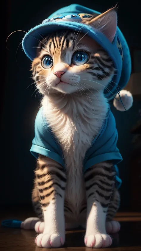 pixar-style，a cute kitten，Wearing pajamas and a cute blue hat，anthropomorphic turtle，dramatic  lighting，8K，Realistis，finedetail，Photo realism film，complexdetails，llight rays，Realistic 8K，HD--ar 9：16 