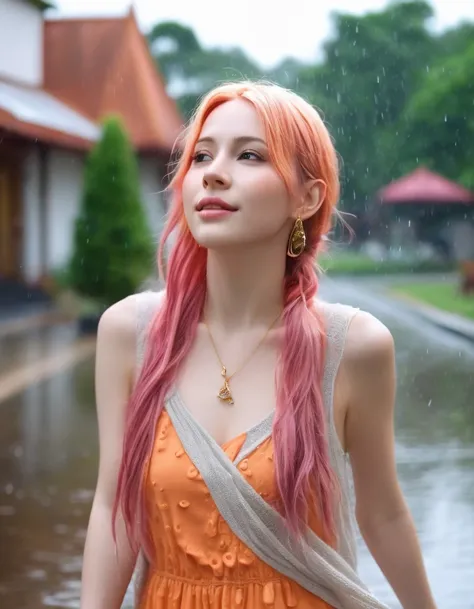 beautiful Woman with long pink hair, walking in the summer rain, ((in a city park)), ((fully clothed)),((rain)), (long orange summer dress,) light grey cardigan, ((orange dress)), bracelets, jewelry, beads, closeup fantasy with water magic, housewife, over...