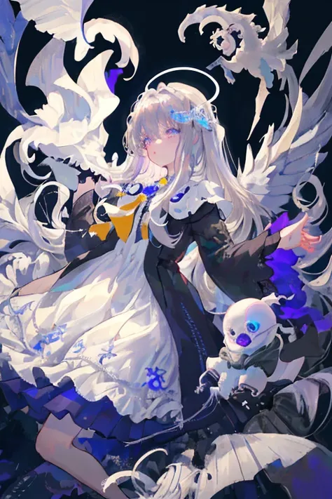 Highest quality、Best image quality、masterpiece、A girl falls from the sky into darkness, Silver wedding dress、Intricate lace embroidery、Shadow is blue、Long hair、Curl Styling、Hair colorpurple、Yellow Eyes、Black background、A thin line of light、Silver light、Arm...