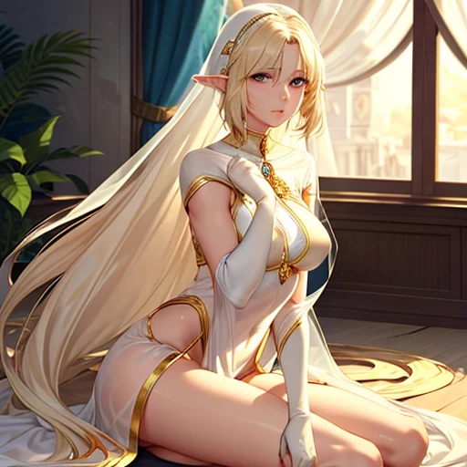 The elf is very beautiful, her body is slim and toned, His skin and hair are white with gold tones., His eyes are golden with a beautiful shine., his countenance is very attractive, her hair short but well combed, Her legs are slim and toned and her hands ...