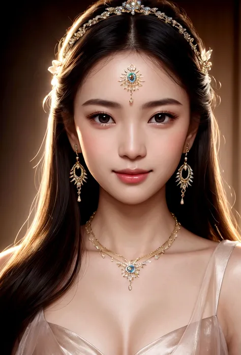 best quality, masterpiece, highres, 1girl, transparent silk china dress, beautiful face, hair ornament, looking at viewer, smile, closed mouth,lips, dress,hair ornament, necklace, jewelry, long hair, earrings, Beautiful face,upon_body, tyndall effect,photo...