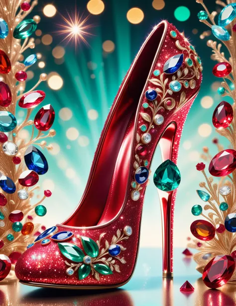 RedGlitter, dynamic shot of a beautiful ruby, emerald, sapphire and topaz high heel shoe , (up close:1.3), macro,  dream world, bokeh, magical slipper