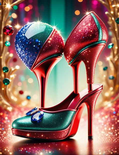 RedGlitter, dynamic shot of a beautiful ruby, emerald, sapphire and topaz high heel shoe , (up close:1.3), macro,  dream world, bokeh, magical slipper