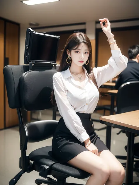 (((Practical photography))),, portrait, Korean，(arrogant的臉:1.3),, 1 girl，beautiful girl, arrogant,Sit in a large class chair , (necklace，earrings，bracelet:1.1), Button-down shirt and hip skirt,mini skirt , (cleveage:0.3),, At CEO&#39;office, (Environmental...