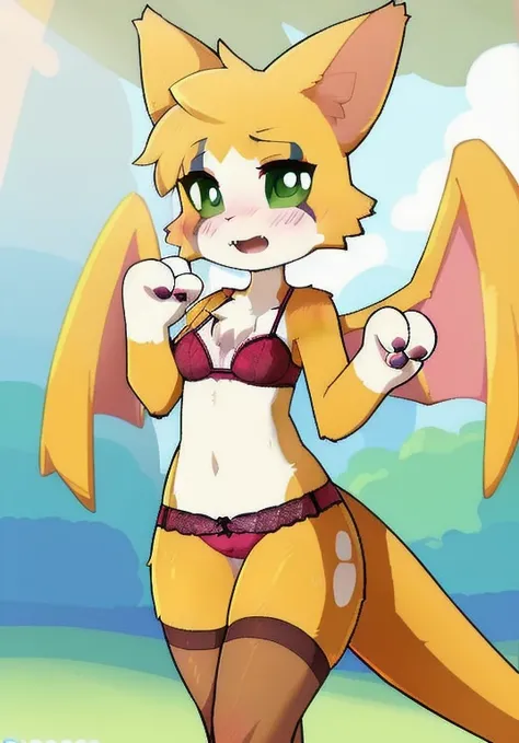 uploaded on e621, (by Dagasi), (kemono:1.3), (((fidget (elysian tail)))), kid solo, green eyes, membranous wings, female toddler, Small, beautiful and detailed green eyes, looking at viewer,  (flat breasts, (thick thighs ), thin, slender body, thin, slende...