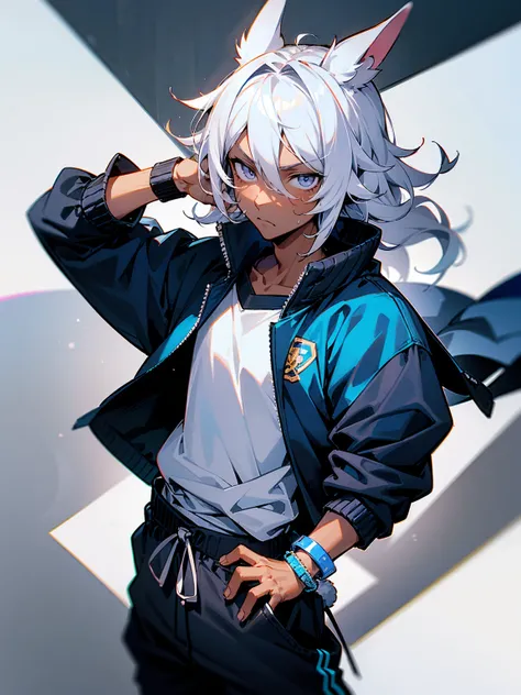 1male, young, dark skin, white hair, wavy middle parted hair, rabbit ears, grey eyes, lean build, black sweatshirt, blue bomber jacket, tied to waist, bracelets, grey sweatpants, Japanese school, serious expression 