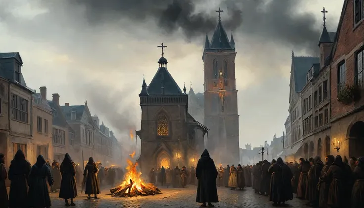 The image shows a dark and dramatic scene with a woman tied to a stake in the center of a medieval square. The woman is dressed in simple clothes and her expression is one of fear and resignation. Flames begin to surround her as smoke rises into the air. A...