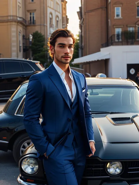 a close up of a man in a It lasts standing next to a car, handsome and elegant, wearing a stylish mens It lasts, masculine and handsome, wearing dark blue It lasts, attractive male haute couture, handsome and attractive, stylish It lasts, Handsome man, It ...