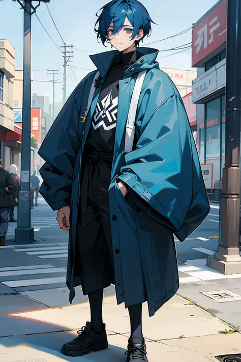 tired eyes , black and blue hair , 1male , perfect generation , modern street clothing , standing on sidewalke