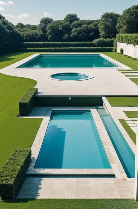 a flat green field, with a large pool without water in the middle (the pool has white and blue tiles and steps) with an aesthetic equal to frutiger aero