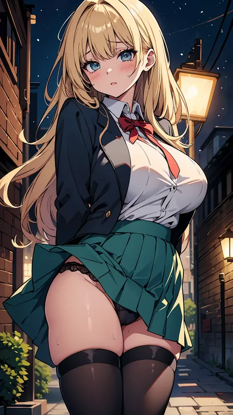 high school girl、Browsing Caution, 1boy and 1girl, In underwear、Back alley at night、teenager、Blazer uniform、Beautiful woman、Very thick thighs、Very short skirt、Lifting her skirt to show her panties、Acme Face、Seducing the audience、Best image quality、High res...