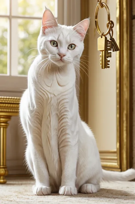 a white cat with an oblong head tilted to the right, ears pointing up and down exaggeratedly following the inclination of its head, eyes wide open with a tender but intrigued look, mouth as if saying something, sitting in front, its left paw extended offer...