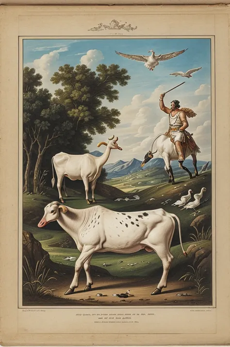 A mythological drawing of a cow fused with a goose shooting milk