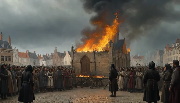 The image shows a dark and dramatic scene with a woman tied to a stake in the center of a medieval square. The woman is dressed in simple clothes and her expression is one of fear and resignation. Flames begin to surround her as smoke rises into the air. A...