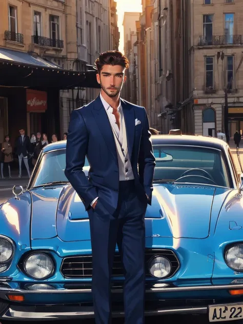 a close up of a man in a it lasts standing next to a car, handsome and elegant, wearing a stylish men's it lasts, masculine and ...