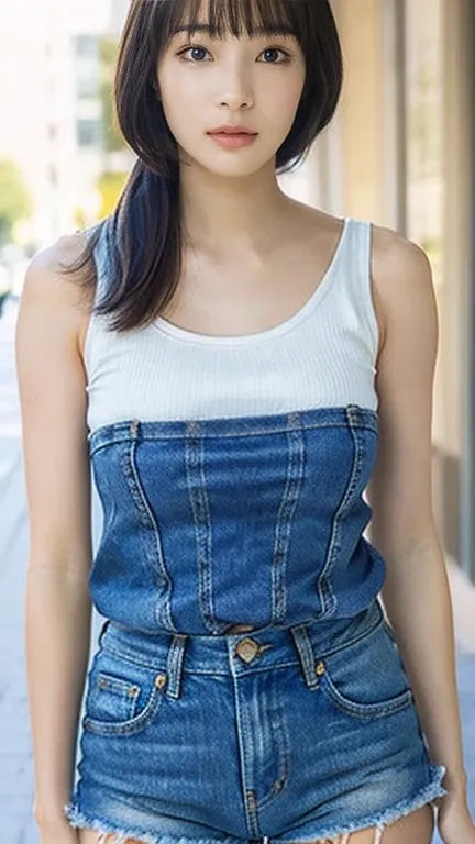 (masterpiece, Highest quality:1.2), One girl, alone, Are standing_Split, Long Hair, White sleeveless tank top, Blue Denim Shorts、Standing on one leg, masterpiece, anatomically correct, textured skin, high details, best quality, 16k