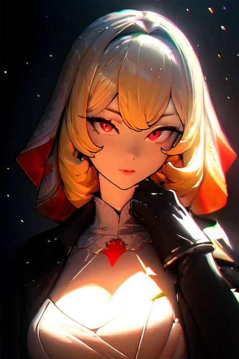 ((best quality)), absurdres, ((ultra high res)), kaela kovalskia, a woman in white dress and black coat, red eyes, blonde hair, gloves, extremely detailed, 8k, masterpiece, vtuber