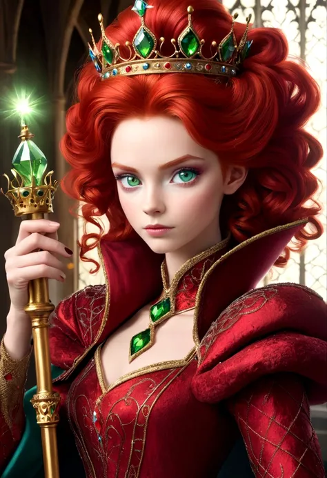 Red Queen，High Fluffy Red Hair，Green eyes，Blue eye shadow，Gorgeous crown，Scepter in hand，Magic Scepter，castle