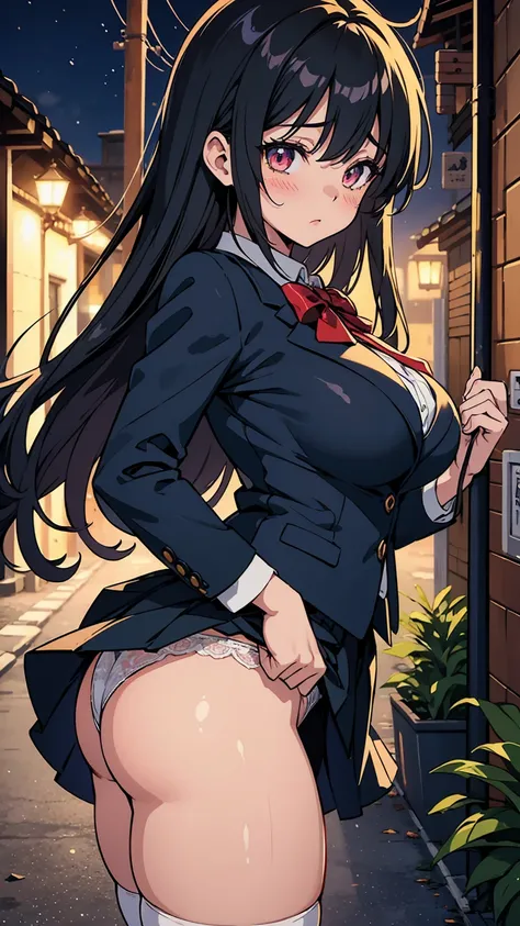 high school girl、Browsing Caution, 1boy and 1girl, In underwear、Back alley at night、teenager、Blazer uniform、Beautiful woman、Very thick thighs、Very short skirt、Lifting her skirt to show her panties、Acme Face、Seducing the audience、Best image quality、High res...