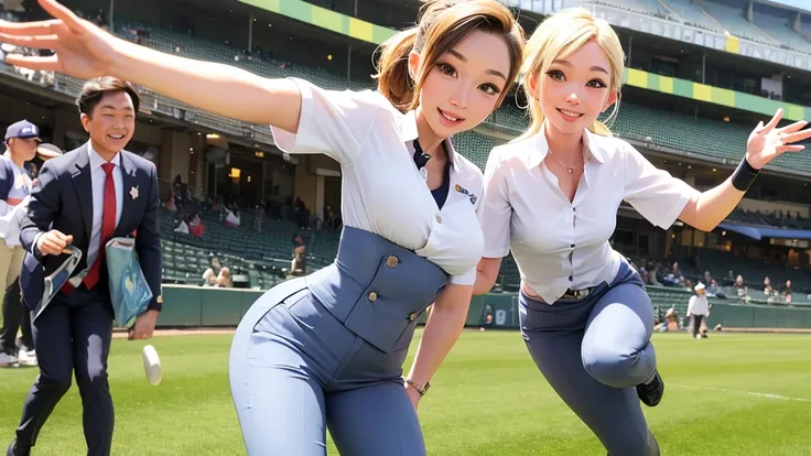 A beautiful female flight attendant is having fun playing baseball at Koshien。Sexy smile、Blonde ponytail、suit