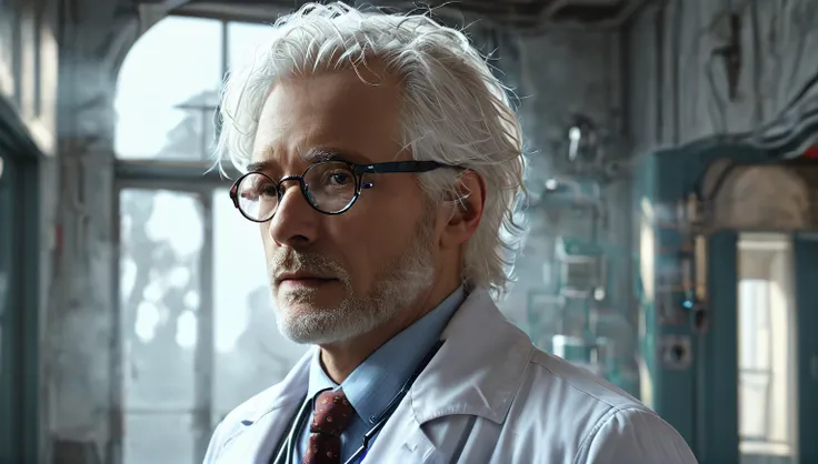 A man in a white coat. He has glasses and white hair, and a stethoscope around his neck. The location is a luxurious room, 4k masterpiece, best quality, (High Definition CG Unity 8k Wallpaper), (Best Quality), (Best Illustration), (Best Shadows), Incredibl...