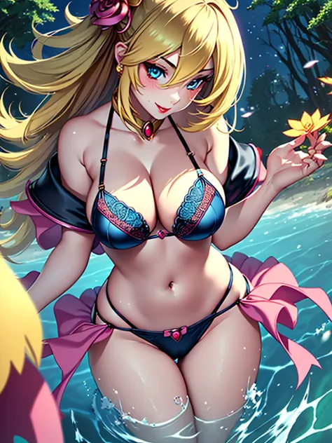 1 girl, (long hair), blonder hair, blue eyes, hair ornament, earrings, (black bikini), (solo), anime, anime girl, (trees), beautiful, highly detailed, perfect face, high resolution, more prism, (vibrant color), professional artwork, best shadow, (solo), (b...