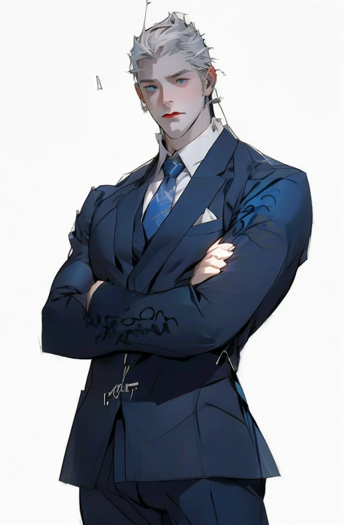 Drawing of a young Chad, Dark blue suit,tie， White shirt，Pants，入耳式earphone，earphone， Looking at the camera, male，Silver short hair，Blue Eyeuscle，bodyguard,Light and Shadow，（Luminescence：1.5）