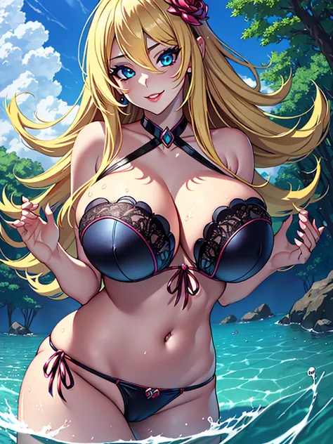 1 girl, (long hair), blonder hair, blue eyes, hair ornament, earrings, (black bikini), (solo), anime, anime girl, (trees), beautiful, highly detailed, perfect face, high resolution, more prism, (vibrant color), professional artwork, best shadow, (solo), (b...