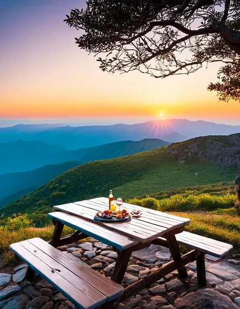 araffes and picnic table with food on a mountain top, during sunrise, camping, setting in nature, all in the amazing outdoors view, beautiful environment, beautful view, day setting, beautiful place, sunset view, summer setting, peaceful environment, outdo...