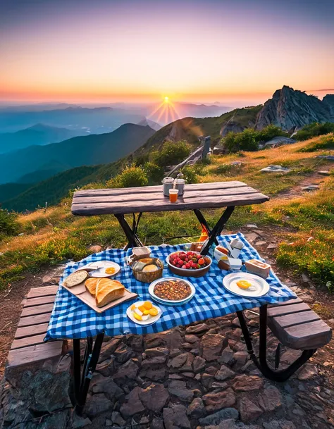 araffes and picnic table with food on a mountain top, during sunrise, camping, setting in nature, all in the amazing outdoors view, beautiful environment, beautful view, day setting, beautiful place, sunset view, summer setting, peaceful environment, outdo...