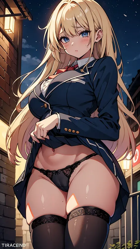 high school girl、Browsing Caution, 1boy and 1girl, In underwear、Back alley at night、teenager、Blazer uniform、Beautiful woman、Very thick thighs、Very short skirt、Lifting her skirt to show her panties、Acme Face、Seducing the audience、Best image quality、High res...