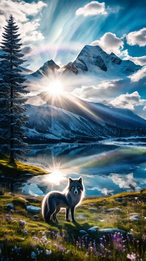 best quality, 32k, RAW photos, Ridiculous, Extremely detailed, Delicate texture, The dignified and lovely blue-gray long-haired Arctic fox, excellent, mystery, Background rainbow colors aurora, Ski Resort, Midnight Sun