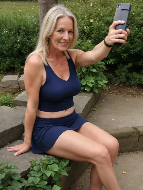 Jillie, 1girl, solo, realistic, consistent image, (((mature))), (((60 years old))), mother, MILF, outdoor, upper body and upper legs, sitting, mini skirt, (((capturing a selfie)))